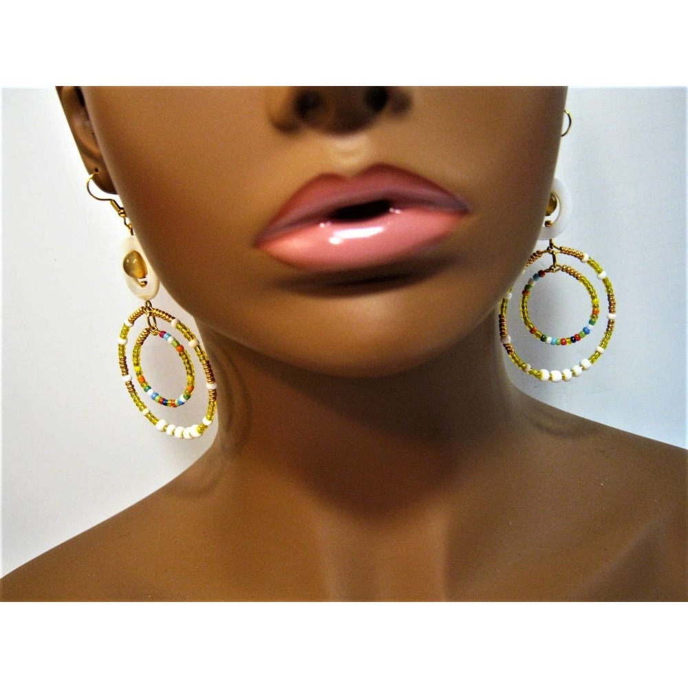 Mother of Pearl Glass beaded BOHO Dangle Hoop Earrings 2.5 in long